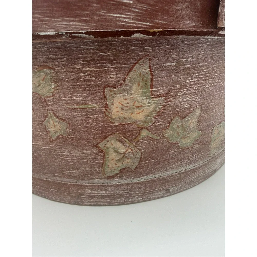 Vintage 1930s Bentwood Hat Box Hand Painted Ivy Leaf Round Storage 15 Inch Wide
